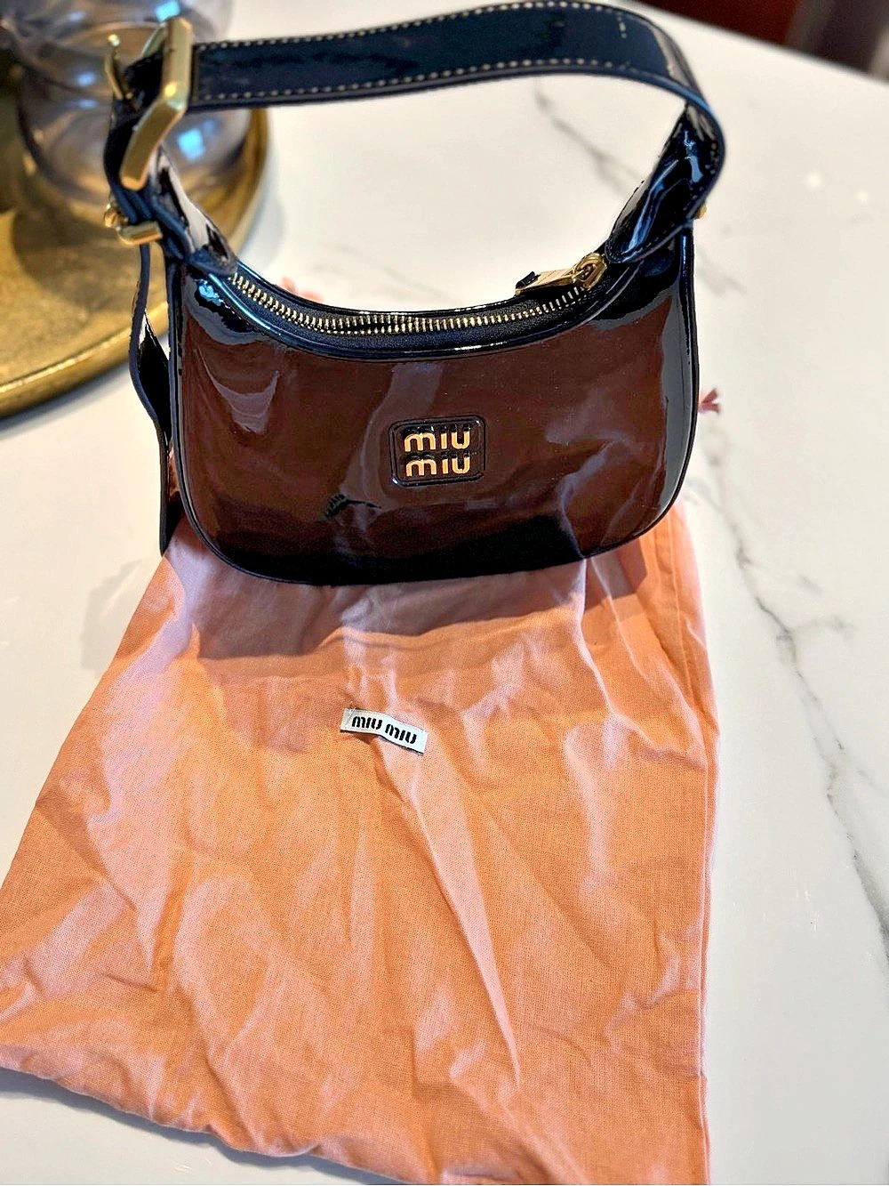 Miu Patent Leather Buckle Mini Hobo Bag Black